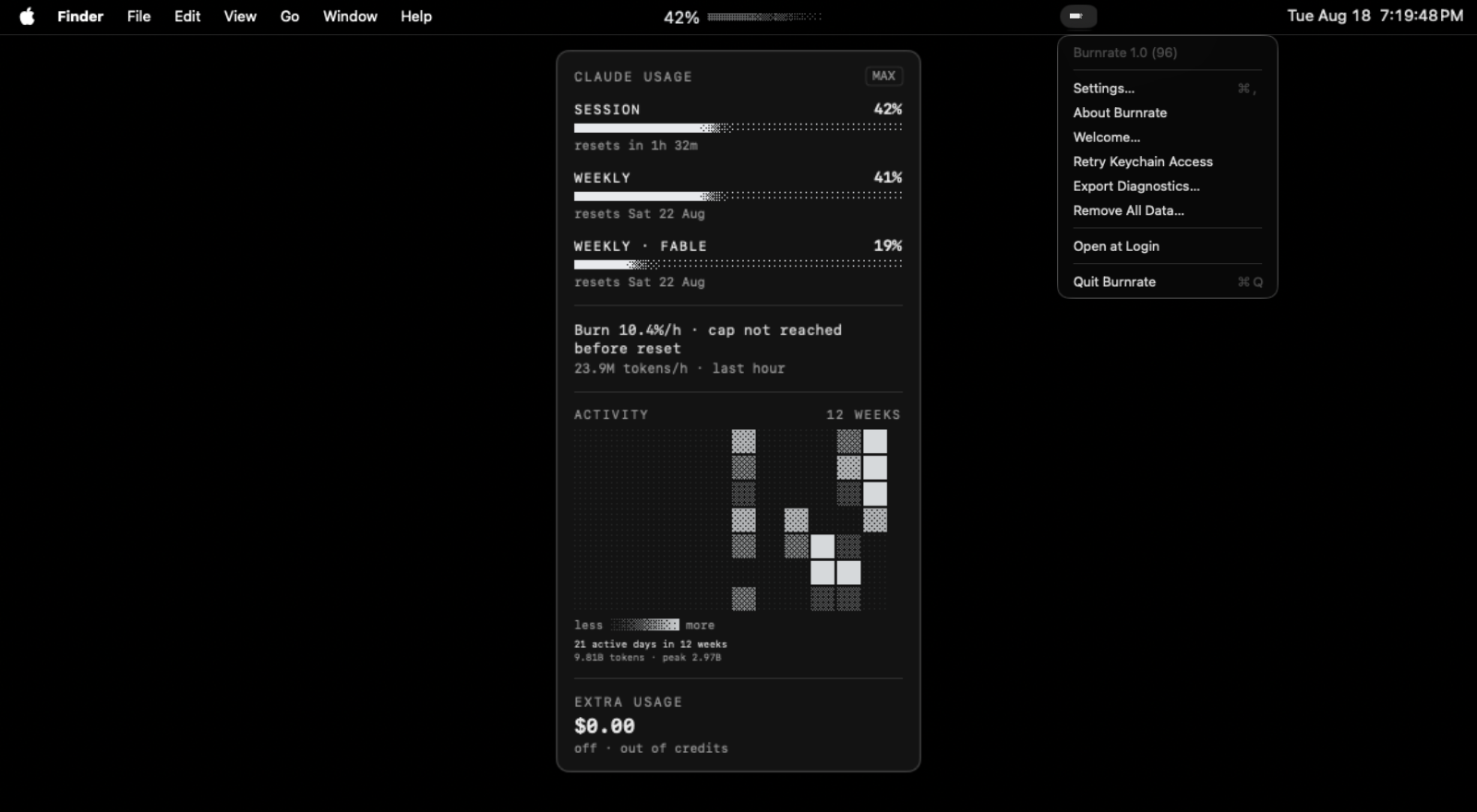 Burnrate running on macOS: the dithered hairline at 42% in the menu bar, the hover panel showing session, weekly and per-model limits with burn rate and a 12-week activity heatmap, and the app menu open beside it.